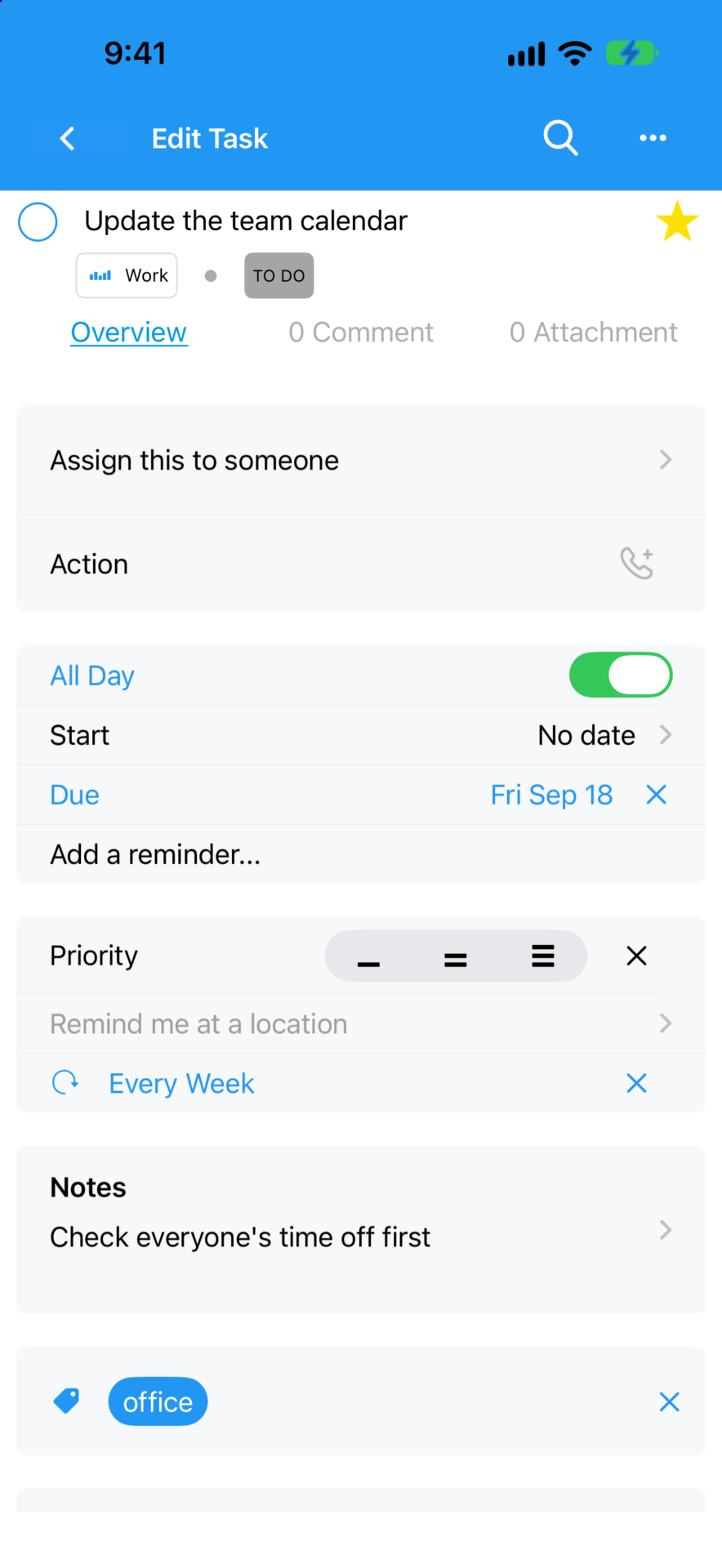 A TaskFire task with a due date, repeat, note, tag, and star