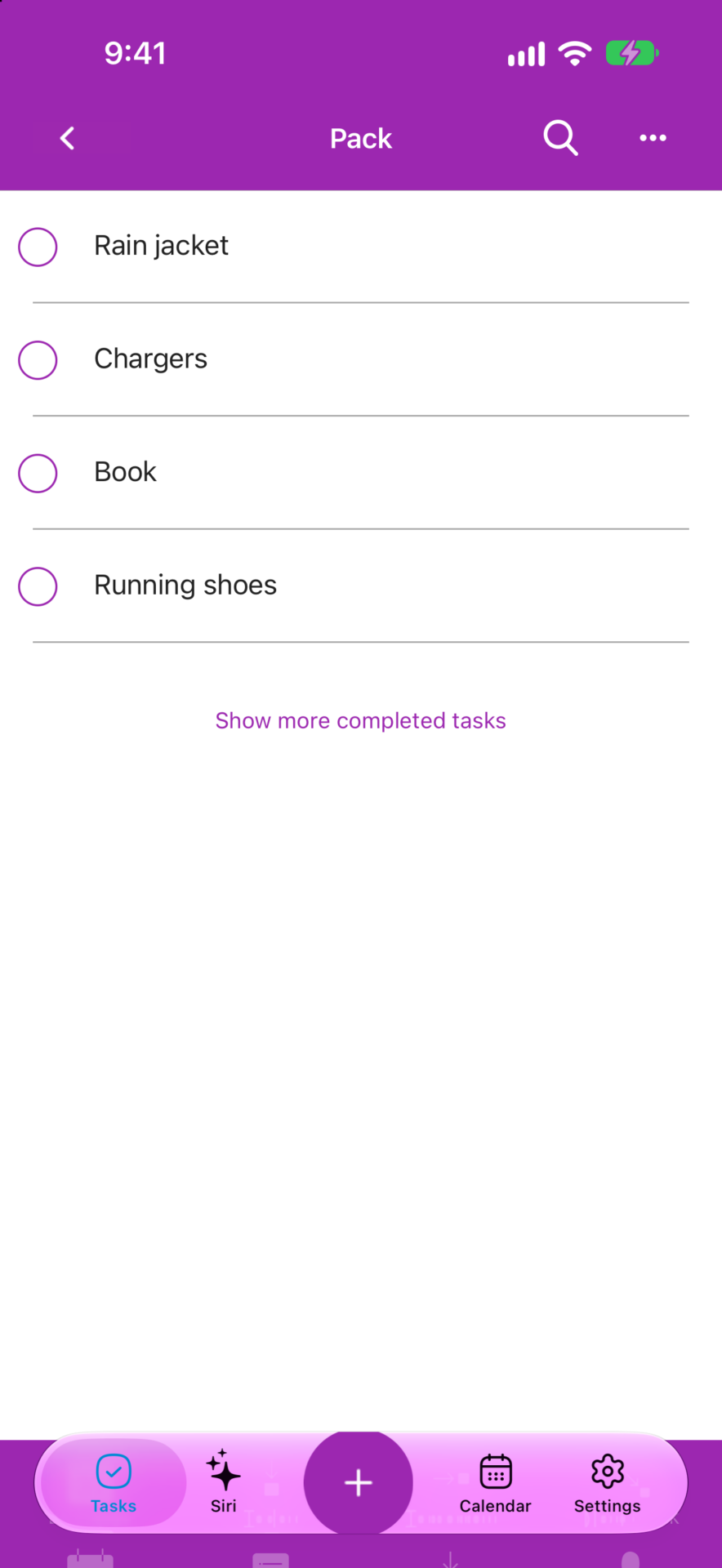 A packing list in TaskFire, one task per line