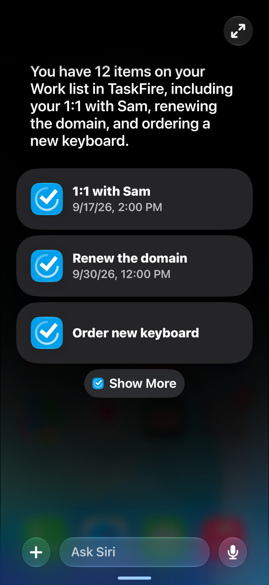 Siri AI reading back a TaskFire list