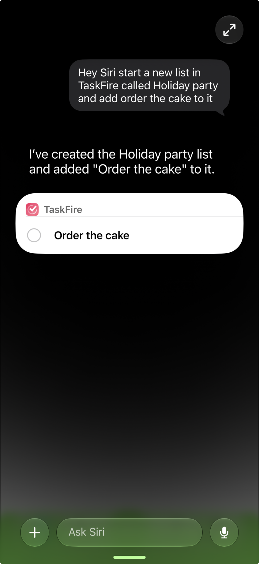 Siri AI creating a Holiday Party list in TaskFire with its first task